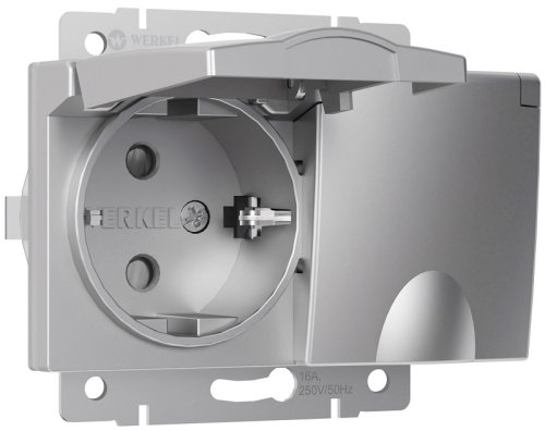 Розетка с заземлением без рамки Werkel 1-м. 2-мод. крышка шторки IP44 серебряный глянцевый картинка